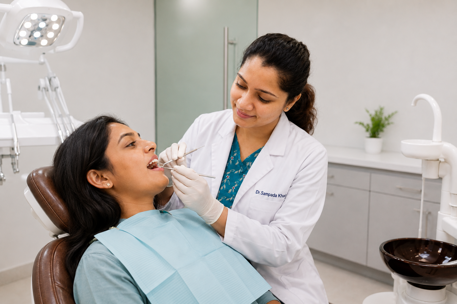 Photo: dental scaler and mirror on a tray, in focus, neutral background.