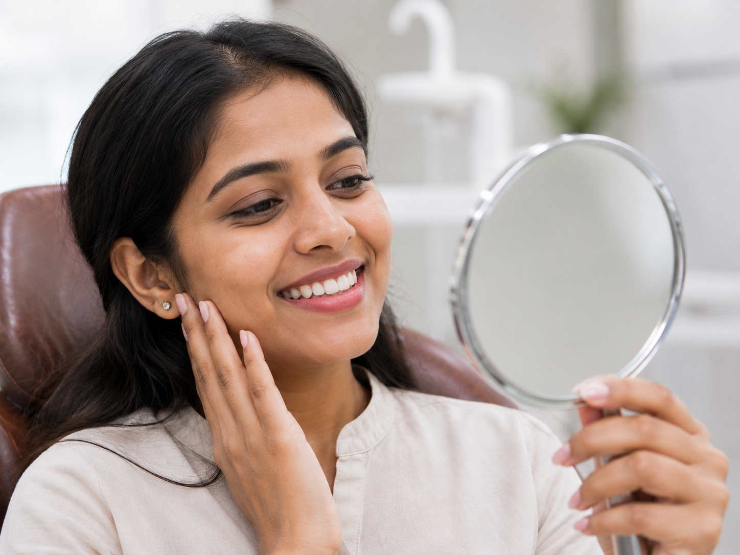 Before-and-after illustration: crowded teeth straightened over 18 months.